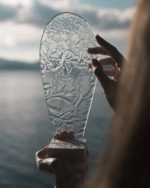 Sculptural glass artwork in daylight