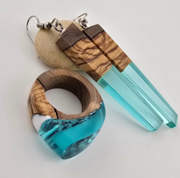 Handmade wood and turquoise resin earrings
