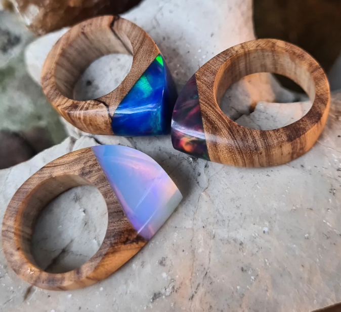 Handmade wood and colourful resin rings